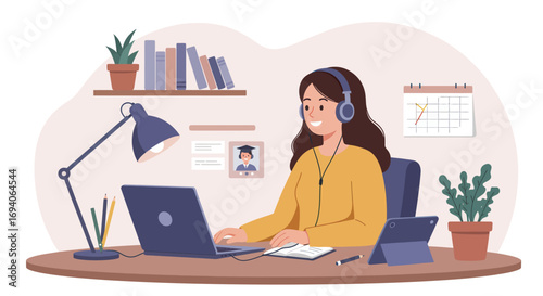 Woman working on laptop with headphones at desk.