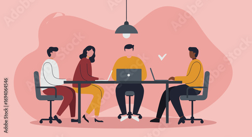 Diverse business team collaborating around a table with laptops in a modern office. Ideal for concepts of teamwork, productivity, and corporate strategy.