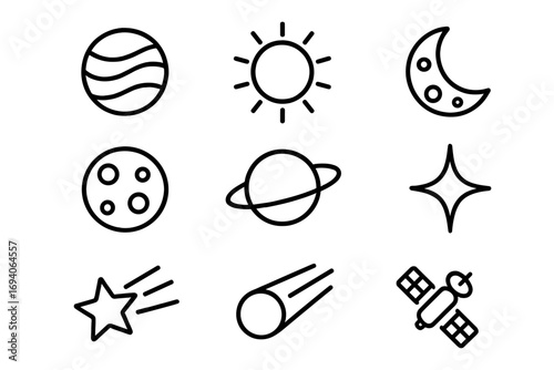 Space line icon set. Cosmos, planet, sun, moon, star outline icons for web design, apps. Vector astronomy and galaxy symbols. Saturn, satellite, comet, asteroid illustration.