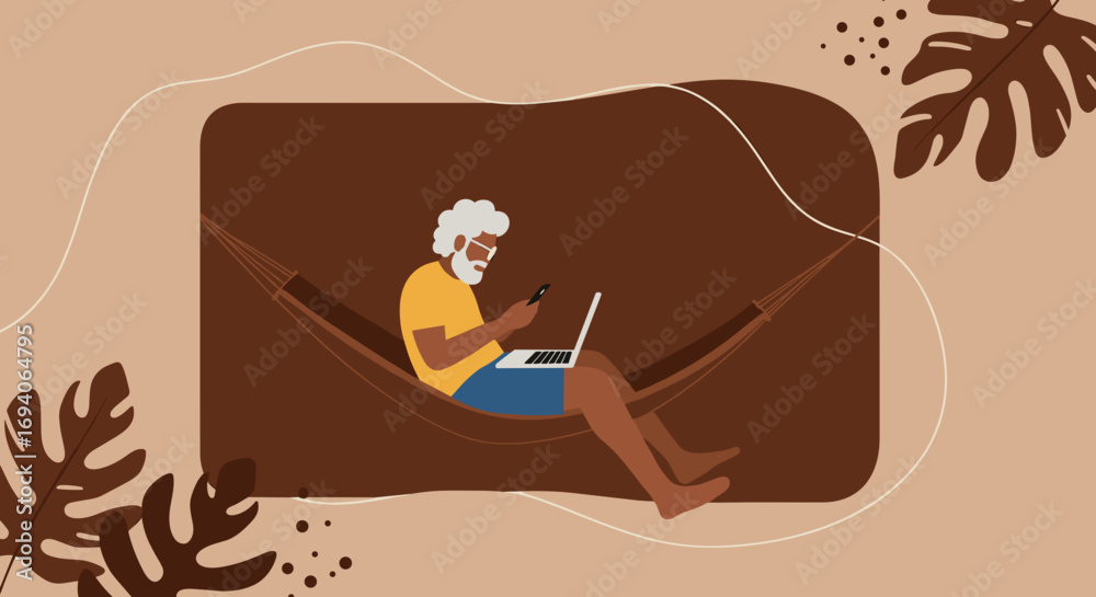 Fototapeta premium Elderly man enjoys remote work and leisure, comfortably using his laptop and phone while relaxing in a hammock with tropical accents.