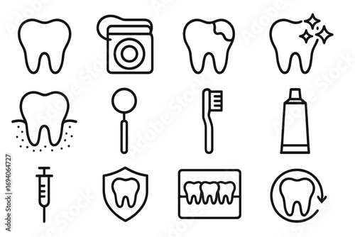 Dentistry line icon collection. Dental care outline signs. Teeth, caries, floss, toothbrush, toothpaste, x-ray, gum, hygiene. Stomatology vector icons for web design.