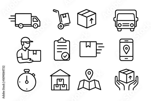 Delivery service line icon pack. Logistics and shipping vector icons. Transport, cargo, parcel, truck, courier, order tracking, warehouse, and e-commerce symbols set.