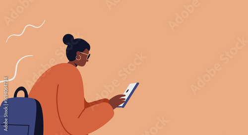 Illustrated person with backpack using a smartphone or tablet, representing modern communication, digital lifestyle, education, or travel.