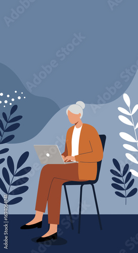 Mature woman actively engaged with her laptop in a contemporary, natural setting, symbolizing remote work, lifelong learning, and digital inclusion for seniors.