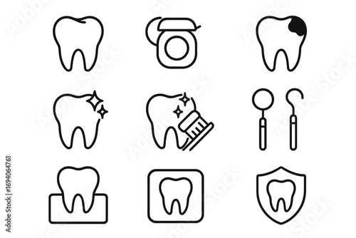 Dentistry line icon collection. Dental care symbols for teeth cleaning, caries, decay, floss, brushing, hygiene, x-ray, dentist tools. Outline vector signs for web design.