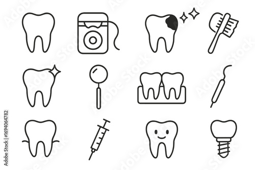 Dentistry line icon pack. Dental care and stomatology concepts. Tooth, caries, implant, floss, hygiene, cleaning, whitening, anesthesia. Vector outline signs for dentist.