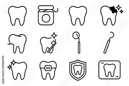 Dentistry line icon set. Dental care outline symbols collection. Teeth, floss, caries, cleaning, braces, x-ray, protection, and stomatology tools. Oral hygiene vector icons.