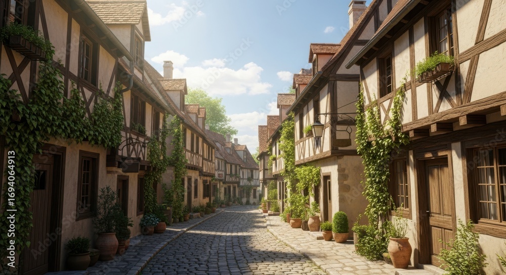 Fototapeta premium Charming medieval street with cobblestone road, halftimbered houses, and lush greenery, creating a picturesque and timeless european scene