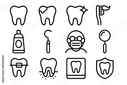 Dentistry outline icon set. Dental care, oral hygiene concept. Tooth, caries, braces, x-ray, dentist, toothbrush. Stomatology line symbols for web, apps. Vector illustration.