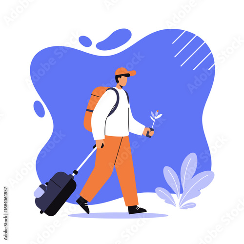 Man travels with luggage and a plant, symbolizing sustainable journey, new beginnings, and eco-friendly exploration for business or leisure.