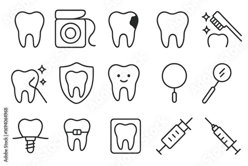 Dentistry thin line icon set. Dental care, oral hygiene concept. Tooth, caries, floss, implant, braces, x-ray, orthodontics vector signs. Stomatology symbols for web.