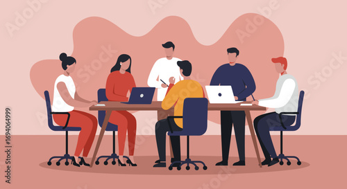 Diverse business team collaborating in an office meeting. Professionals discuss projects, brainstorm ideas, and work together for corporate success and productivity.