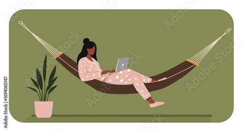 Woman in pajamas working comfortably on a laptop in a hammock, blending remote work with relaxed home lifestyle.