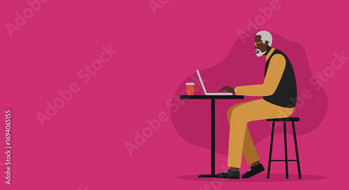 Mature man focused on his laptop, enjoying coffee at a minimalist cafe setting. Illustrates active senior lifestyle, digital engagement, or remote work.