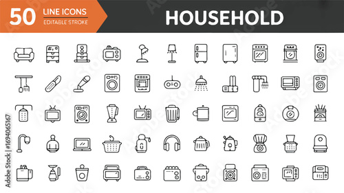 Household Item Line Icons Set Furniture, Appliances, Electronics & Cleaning Tools