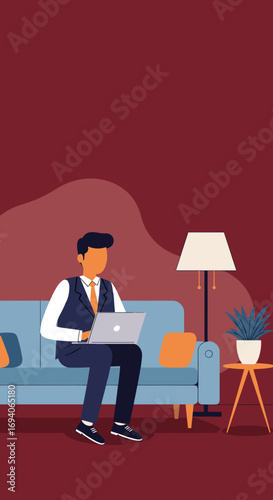 Professional man working remotely on a laptop from a comfortable home sofa, illustrating modern telecommuting and flexible work.