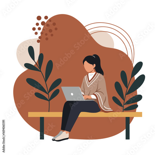 Young woman working remotely on a laptop while sitting on a bench in a natural, abstract setting. Depicts flexible work, digital lifestyle, and online productivity.