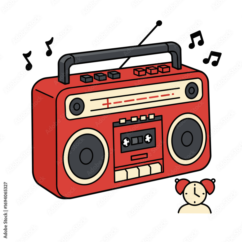 Fototapeta premium Vintage red boombox cassette player with music notes