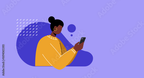 Woman with dark skin using a smartphone for communication, social media, or online activity against a modern abstract background. Perfect for technology and lifestyle concepts.