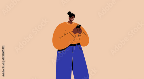 Modern woman with bun and glasses actively using her smartphone for communication, social media, or online tasks. Represents connectivity, digital lifestyle, and casual technology use.