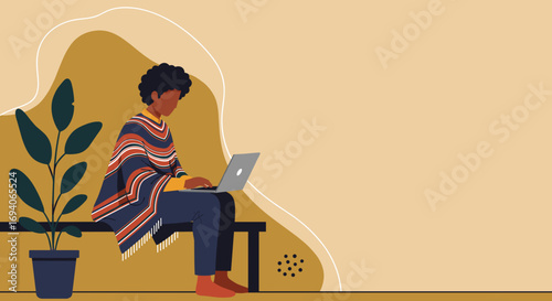 A person with dark skin sits casually, working on a laptop in a vibrant, modern setting with a plant. Ideal for remote work, digital lifestyle, and creative concepts.