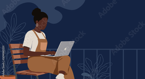 Young woman working remotely on laptop from a cozy balcony. Freelance professional or student focused on online tasks, embodying modern productivity and flexible lifestyle.