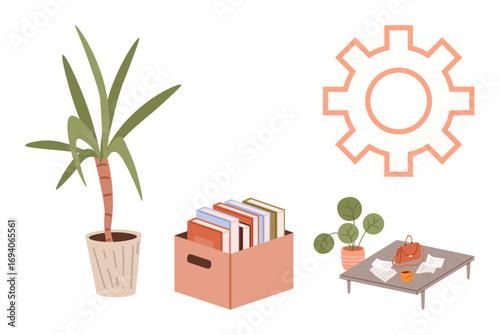 Potted plant, box of books, gear symbol, coffee table with plant, papers, and tea set. Ideal for productivity, creativity workspace home decor balance mindfulness management. Simple flat