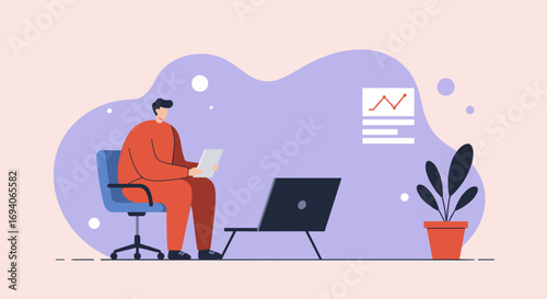 Man working on laptop, analyzing data or reports in a modern remote work setting. Ideal for business, finance, or technology concepts.