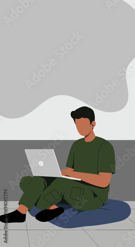 Young person sitting casually on the floor with a laptop, working or studying from home. Ideal for remote work, freelancing, and online learning concepts.