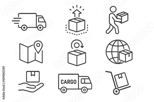 Delivery and logistics thin line icon set. Shipping service, fast transport, and package tracking signs for web design. Cargo, courier, and order fulfillment outline symbols.