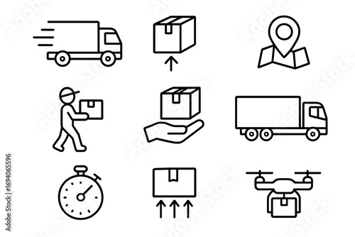 Delivery and shipping service thin line icon set. Logistics, transport, courier, and package tracking symbols for web design, apps, and e-commerce. Fast delivery concept.