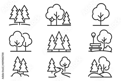 Forest trees parks icon set. Nature landscape collection. Pine fir and deciduous tree symbols. Outdoor wood sign. Park bench lamppost path. Editable stroke line art vector.