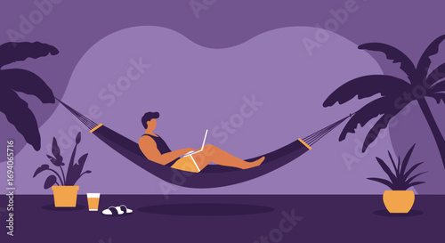 Man working on laptop in a hammock amidst palm trees, embodying remote work, digital nomad lifestyle, and work-life balance. Ideal for travel, business, and relaxation concepts.