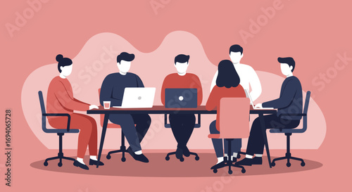 Diverse team collaborating in a modern office meeting. Professionals discuss ideas, work on laptops, showcasing teamwork and business productivity.
