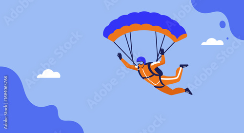 Skydiver enjoying the thrill of freefall with an open parachute against a vibrant blue sky. Represents adventure, freedom, and extreme sports lifestyle.