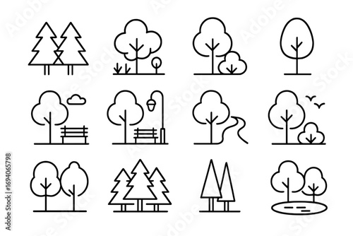 Forest, trees, and park line icon set. Simple nature and outdoor symbols for web and apps. Includes pine, bench, path, and plant icons with editable strokes. Minimalist vector.