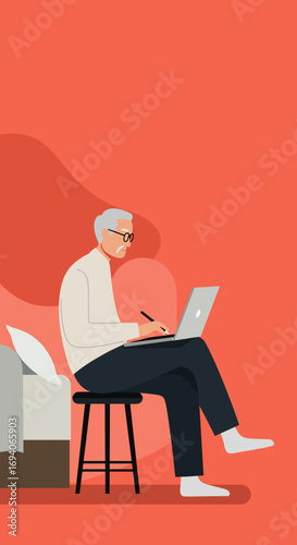Senior man with glasses working intently on a laptop using a stylus, illustrating modern productivity and remote work for elderly individuals at home.