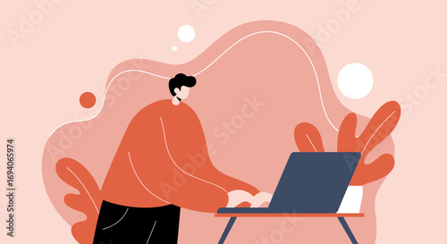 Young professional working diligently on a laptop, symbolizing remote work, online learning, or digital business. Ideal for technology, education, and lifestyle themes.
