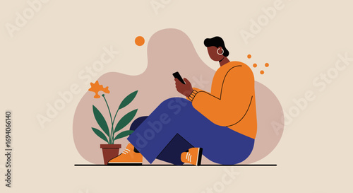 Modern illustration of a person relaxing and using a smartphone. Represents digital communication, social media, and contemporary online lifestyle.