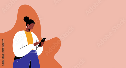 Stylish Black woman using smartphone for communication, social media, or online tasks, representing modern digital lifestyle and technology engagement with copy space.