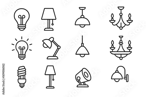Illumination line icon set. Light bulb, lamp, luster, chandelier outline signs. Vector symbols for electricity, home decor, interior design, graphic and web design, apps, ads.