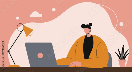 Focused person working remotely on a laptop at a desk with a lamp, symbolizing productivity, online learning, or flexible business solutions.