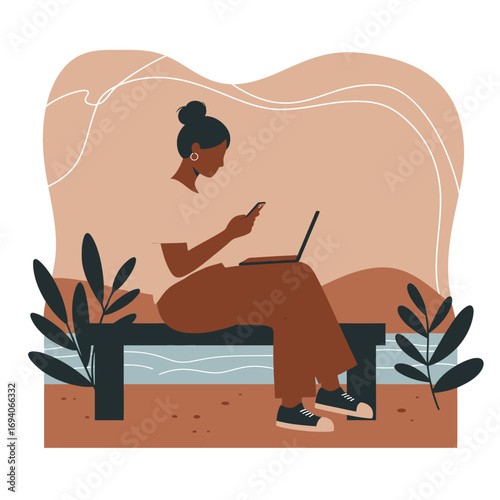 Young woman works remotely outdoors, using smartphone and laptop for digital tasks. Illustrates flexible work, freelance, or online learning with nature connection.