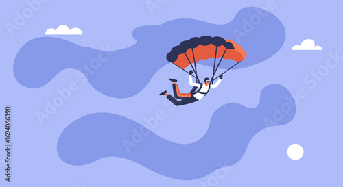 Skydiver with an orange parachute descending, embodying freedom, adventure, and personal achievement. Perfect for travel, extreme sports, or daring lifestyle concepts.