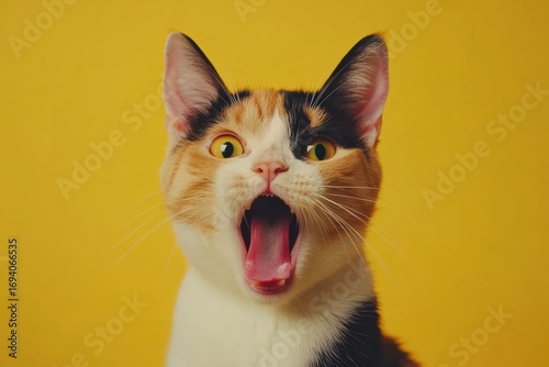Cat exhibits dramatic reaction of surprise and anger while yawning against a bright yellow backdrop