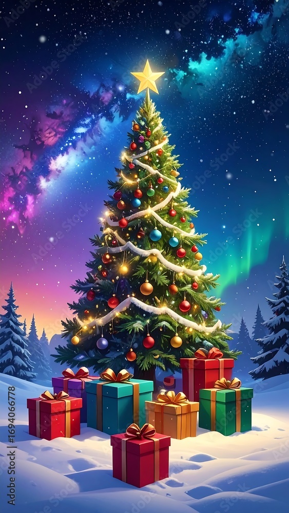 Obraz premium Festive tree under a starry sky