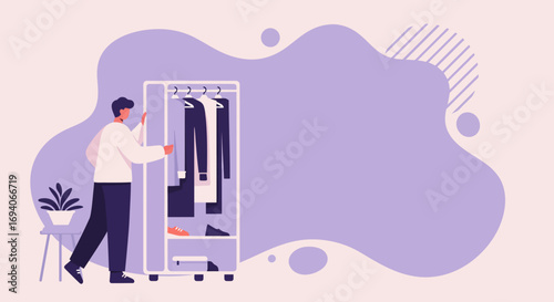 Young man choosing clothes from his wardrobe, showcasing modern lifestyle, fashion, and everyday routine. Perfect for retail, styling, or home living concepts.