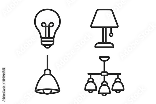 Lamp and light bulb icon set. Luster, chandelier, table lamp collection. Modern outline style vector symbols for interior design, ui, web, apps, and home decor concepts.