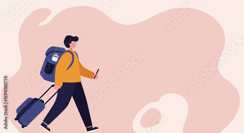 Contemporary illustration of a person walking with luggage and backpack, embodying travel, exploration, and new beginnings. Perfect for lifestyle and journey themes.