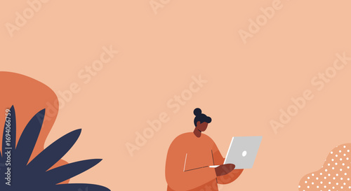 Minimalist illustration of a person using a laptop, embodying modern digital work, online learning, and remote communication in an abstract setting. For business, tech, or lifestyle.